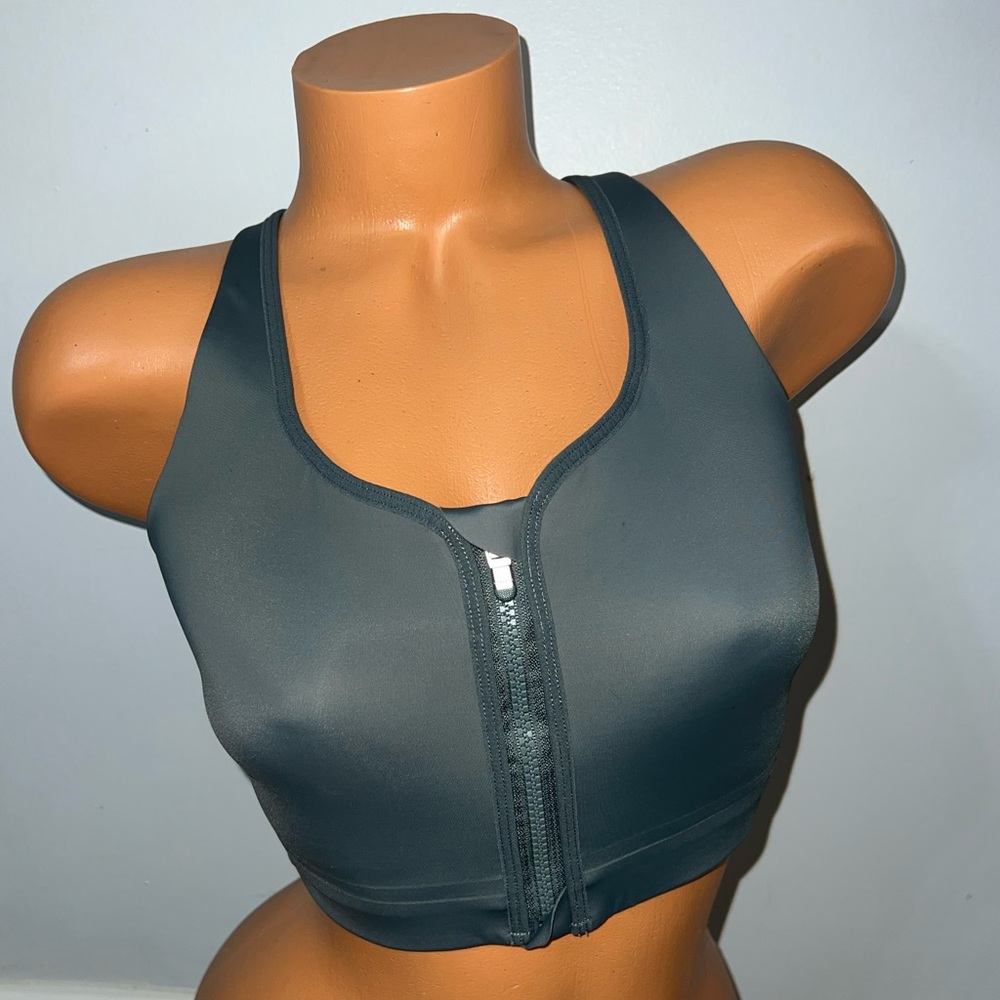 Athleta Ultimate Train Tee Sport Bra Gray Zip Front Adjustable Back Medium
